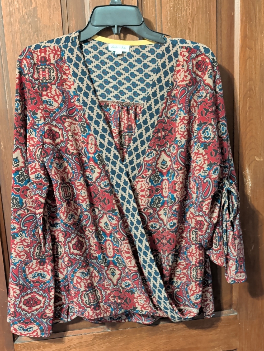 Paisley Print Red Wrap Tunic with Contrast Trim
